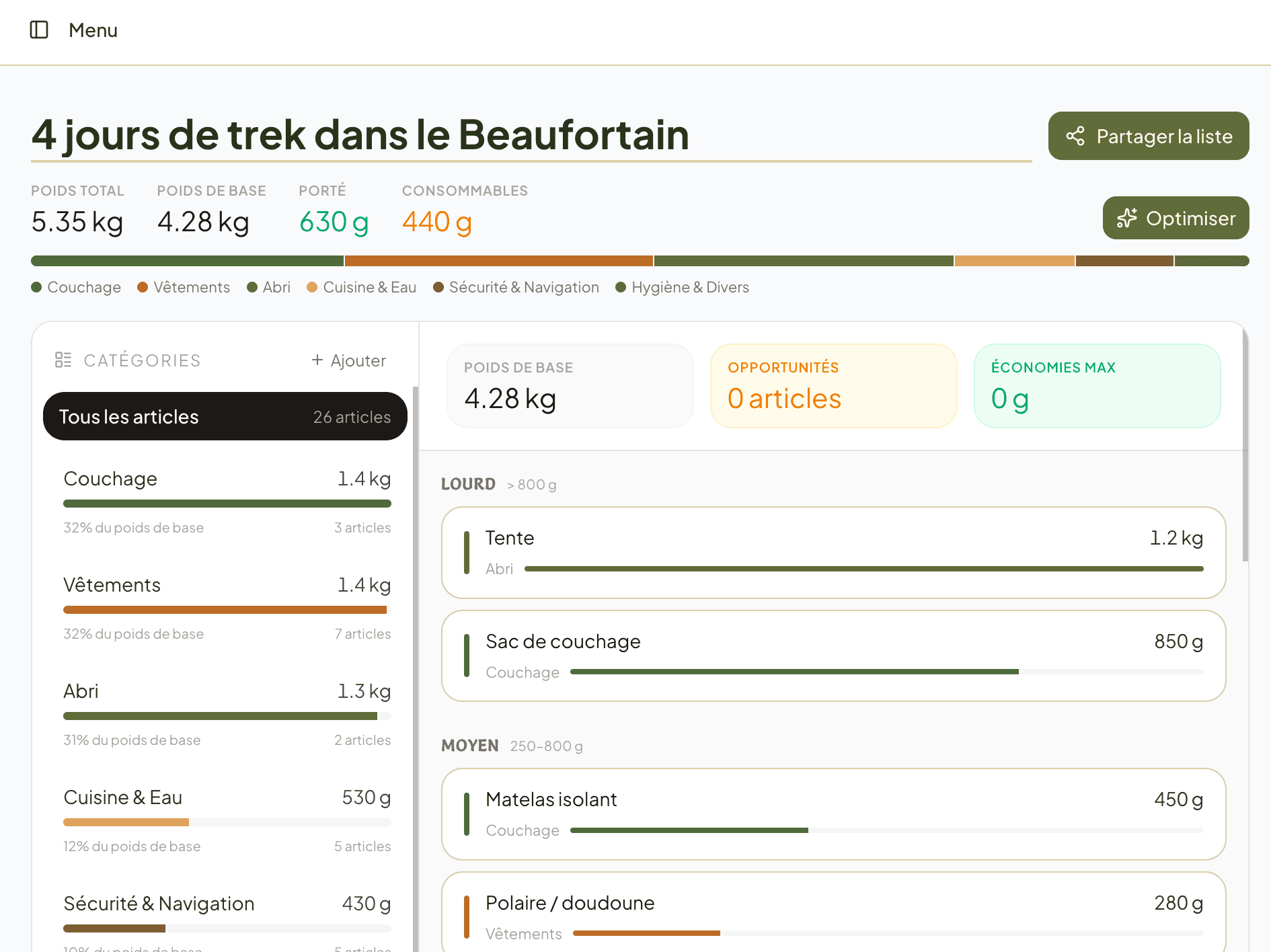 Interface Kodogui — liste de matériel de trek avec poids et catégories